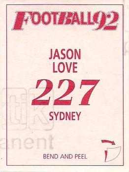 1992 Select AFL Stickers #227 Jason Love Back